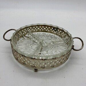 Vintage Glass Divided Serving Dish & Ornate Silverplated Carrier I.S‎ Co England